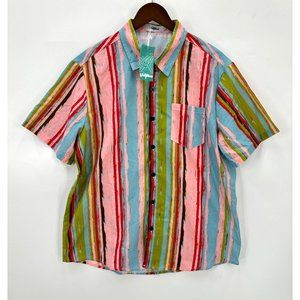 Vatpave Shirt Mens Button Down Short Sleeve Striped Multicolor Pocket L NWT